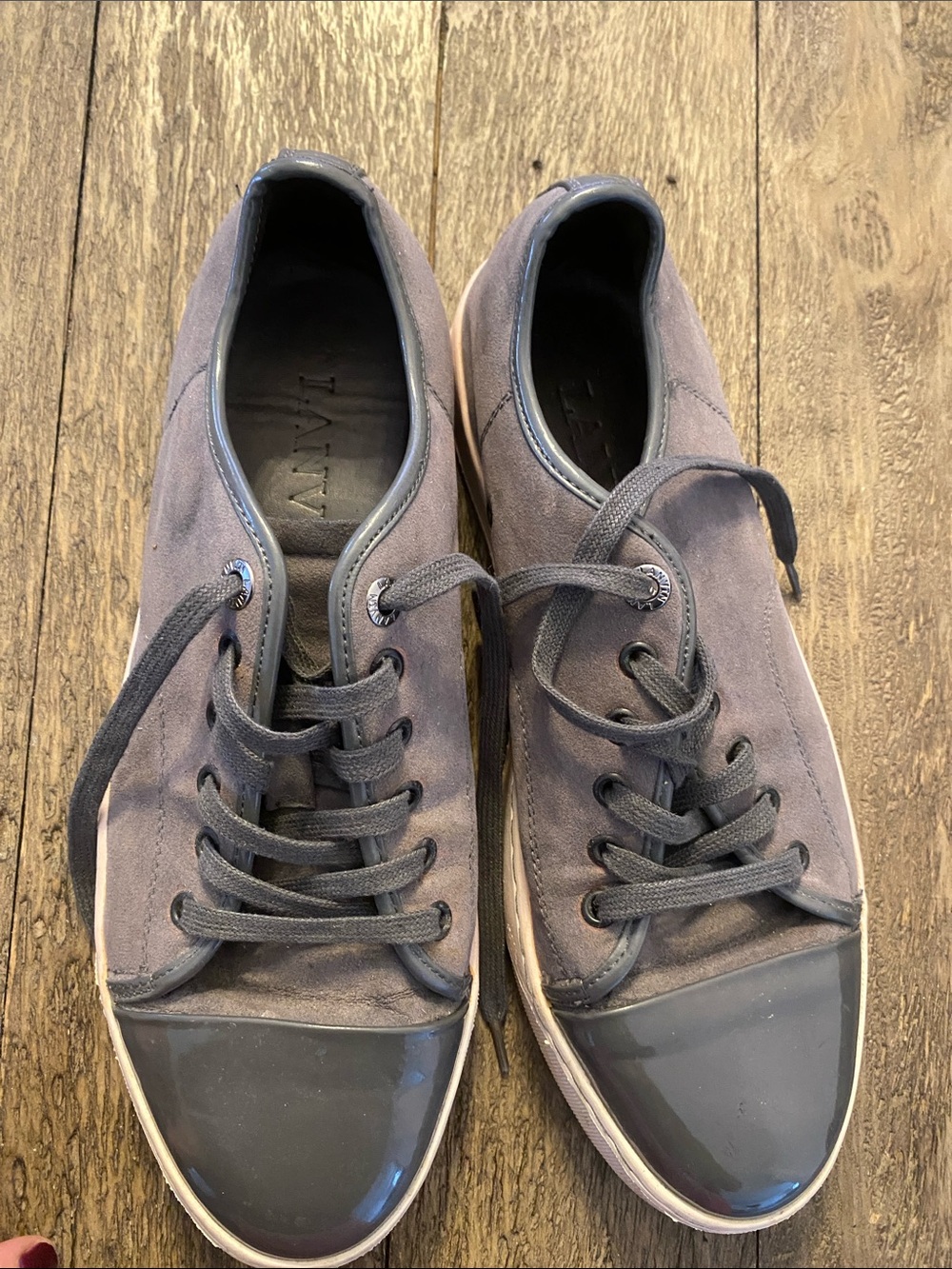 Lanvin Men's Gray Suede Sneakers with Patent Toe